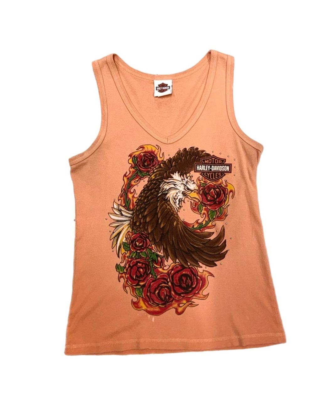 Y2K Harley Davidson Eagle Roses Rhinestone Fort Worth TX Tank Top